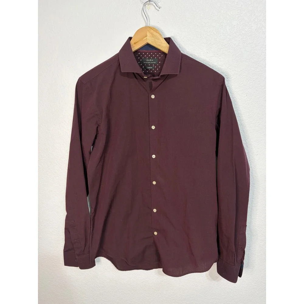 Zara Man Slim Fit Button Down Shirt Mens Medium Burgundy Maroon Long Sleeve - Picture 2 of 4